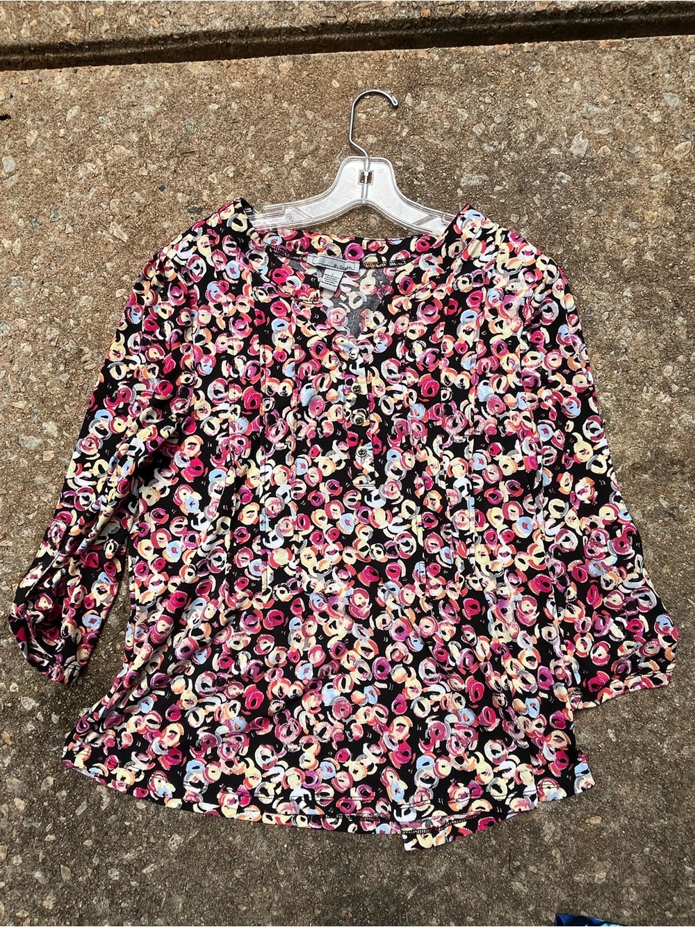 By Design Womens Floral Print V-Neck Blouse - Black with Pink & Cream L